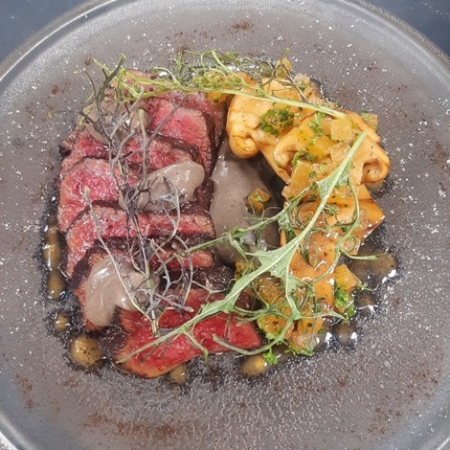 Chef Hiroo @ Club Hue Korea Town Char Siu&nbsp;Black Hawk American Wagyu Denver Steak, Black Truffle Sunchoke, Oregon Matsutake, Garcia Persimmon&nbsp;